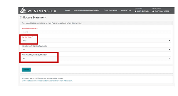 Illustration of the screen showing the selection of Childcare Statement under the My Account tab.