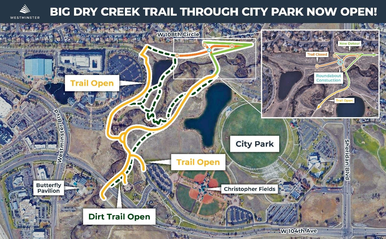 Map of Big Dry Creek Trail through City Park and detours